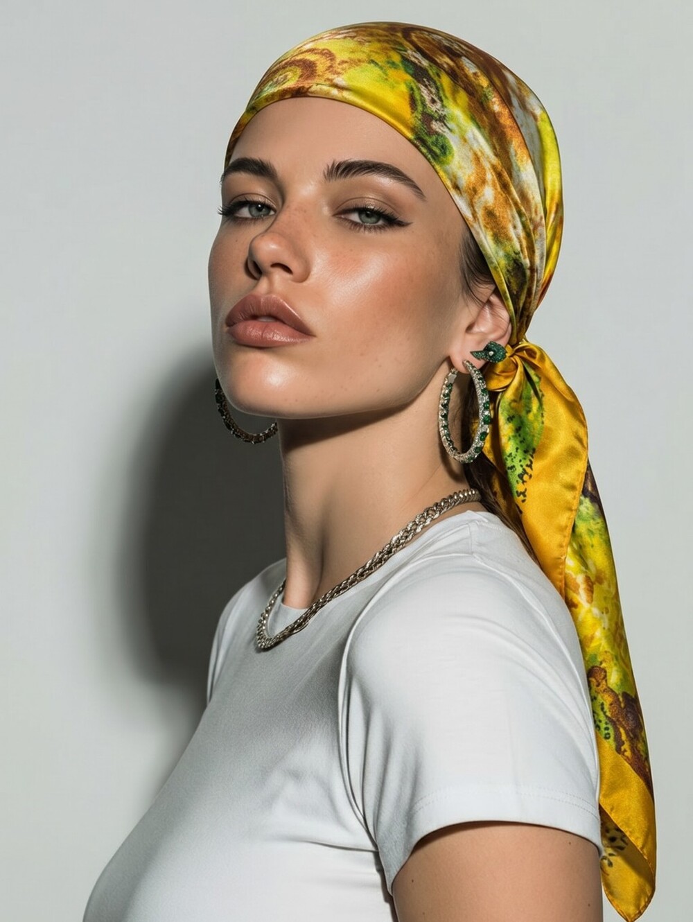 Silk-Feel Yellow Floral Headscarf